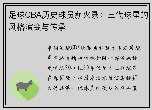 足球CBA历史球员薪火录：三代球星的风格演变与传承