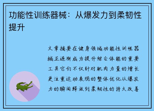 功能性训练器械：从爆发力到柔韧性提升