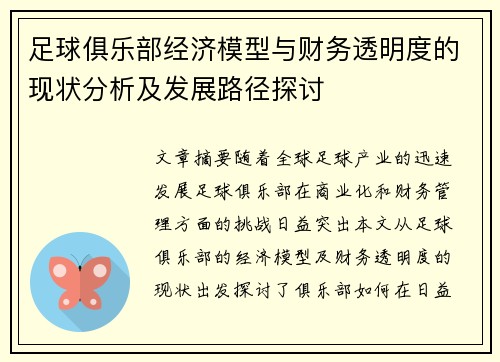 足球俱乐部经济模型与财务透明度的现状分析及发展路径探讨