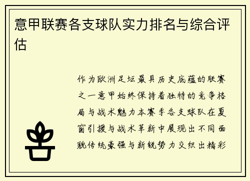 意甲联赛各支球队实力排名与综合评估