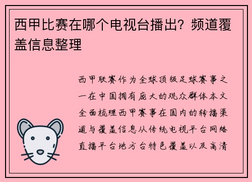 西甲比赛在哪个电视台播出？频道覆盖信息整理